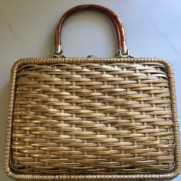 VTG BRITISH CROWN COLONY HONG KONG Purse Handbag Wicker Natural Gold - Picture 2 of 9